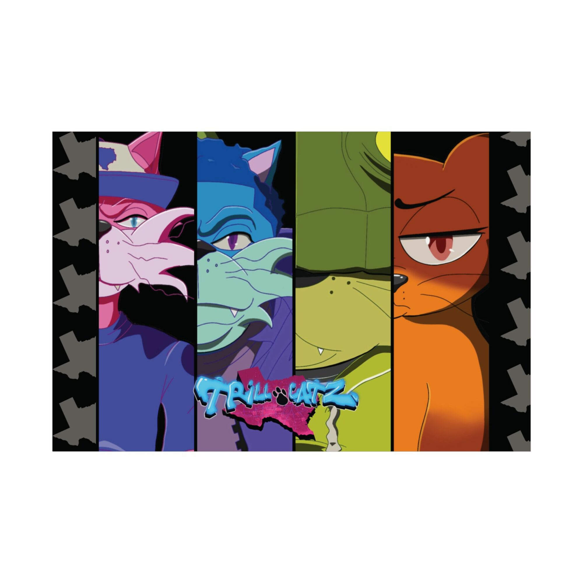 Four colorful cartoon animal characters with distinct expressions and a stylized logo in the center, set against a black background.