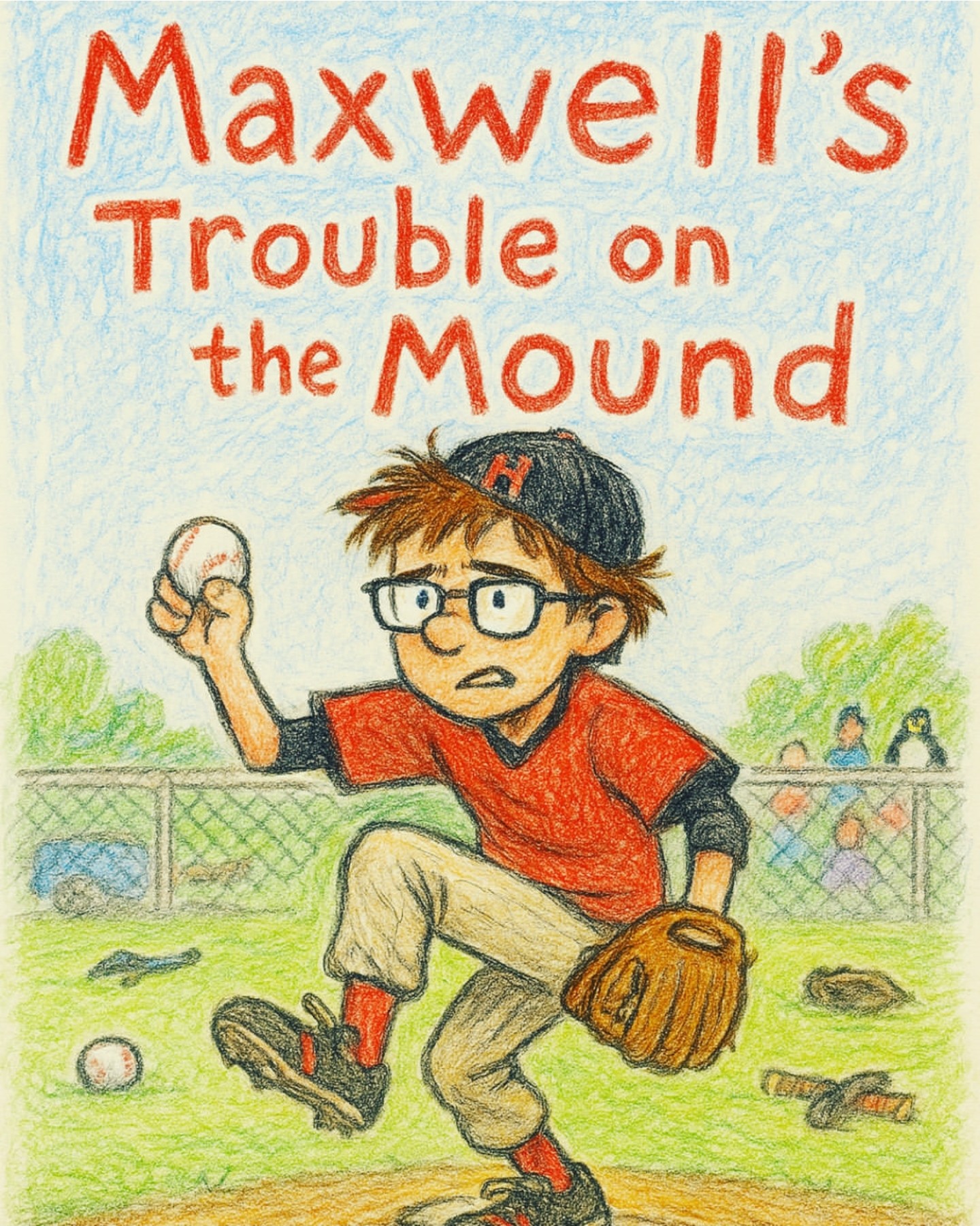 Young boy with glasses and a baseball glove catches a ball on a baseball field, with trees and people in the background.