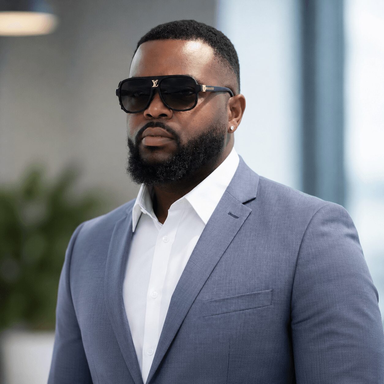 Man in sunglasses and gray suit with white shirt, standing indoors with blurred background.
