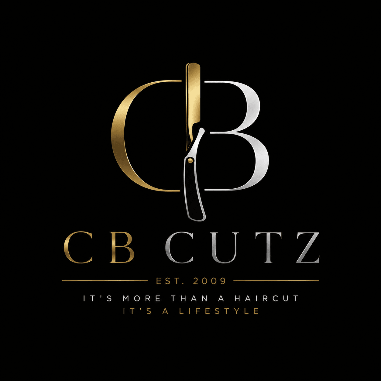 Logo with gold and white letters 'C' and 'B' and a straight razor, with text 'CB CUTZ' and tagline below.