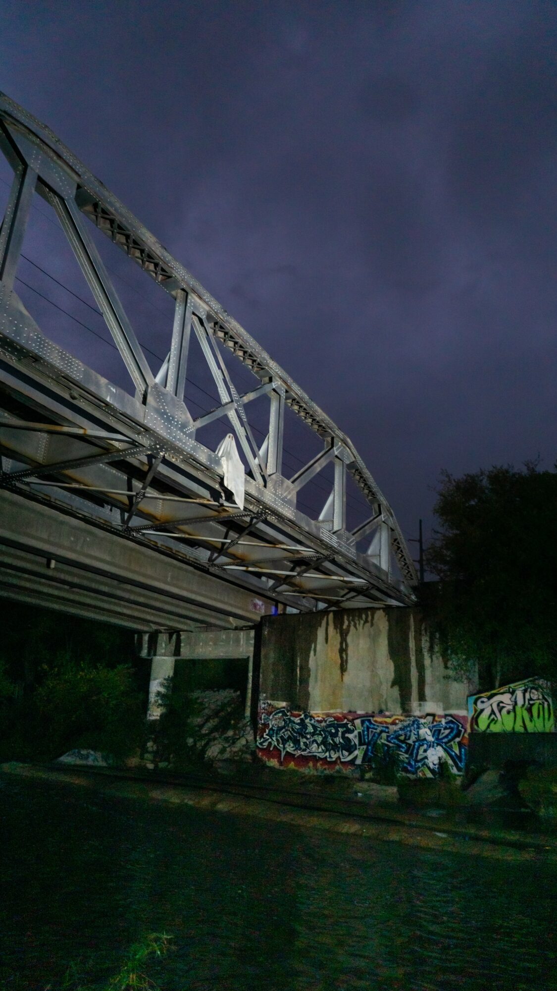 Bridge structure with graffiti under dark cloudy sky, trees in background, water in foreground, nighttime scene.