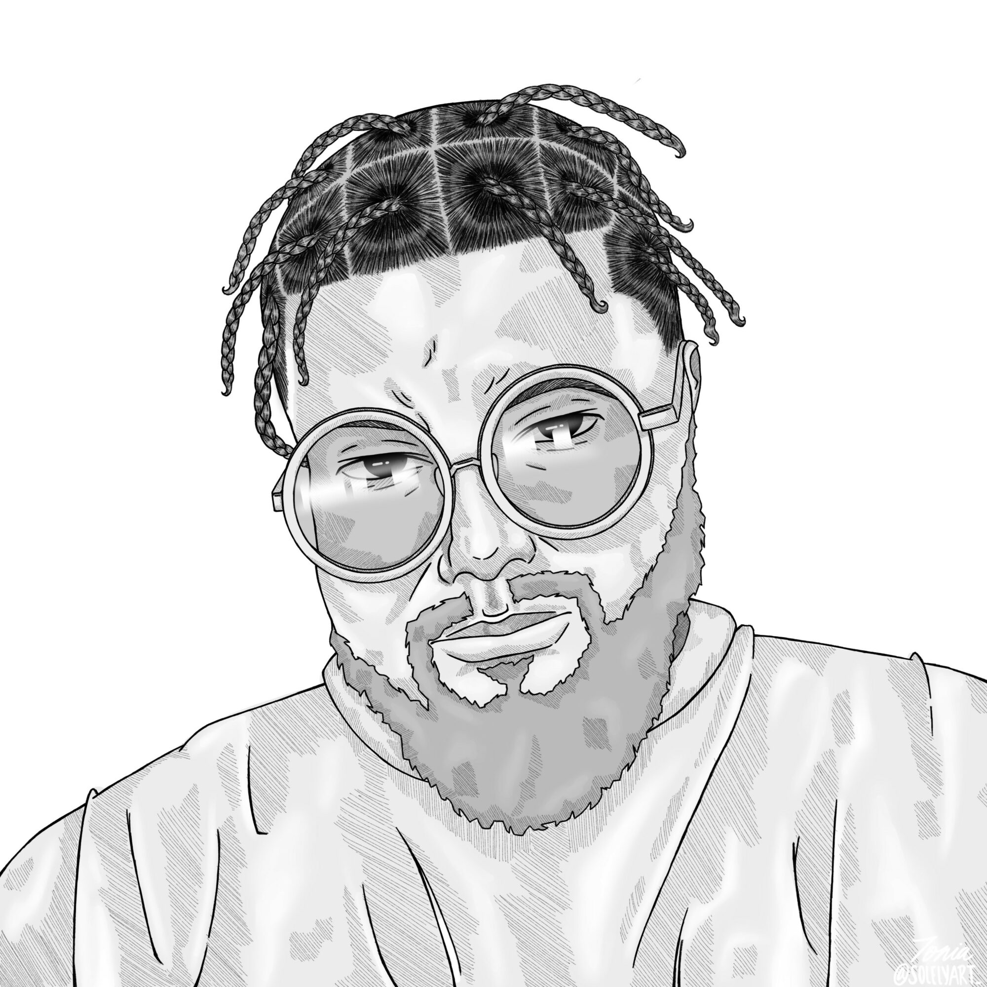 Black and white sketch of a man with glasses, dreadlocks, and a beard, wearing a shirt, looking at the camera.