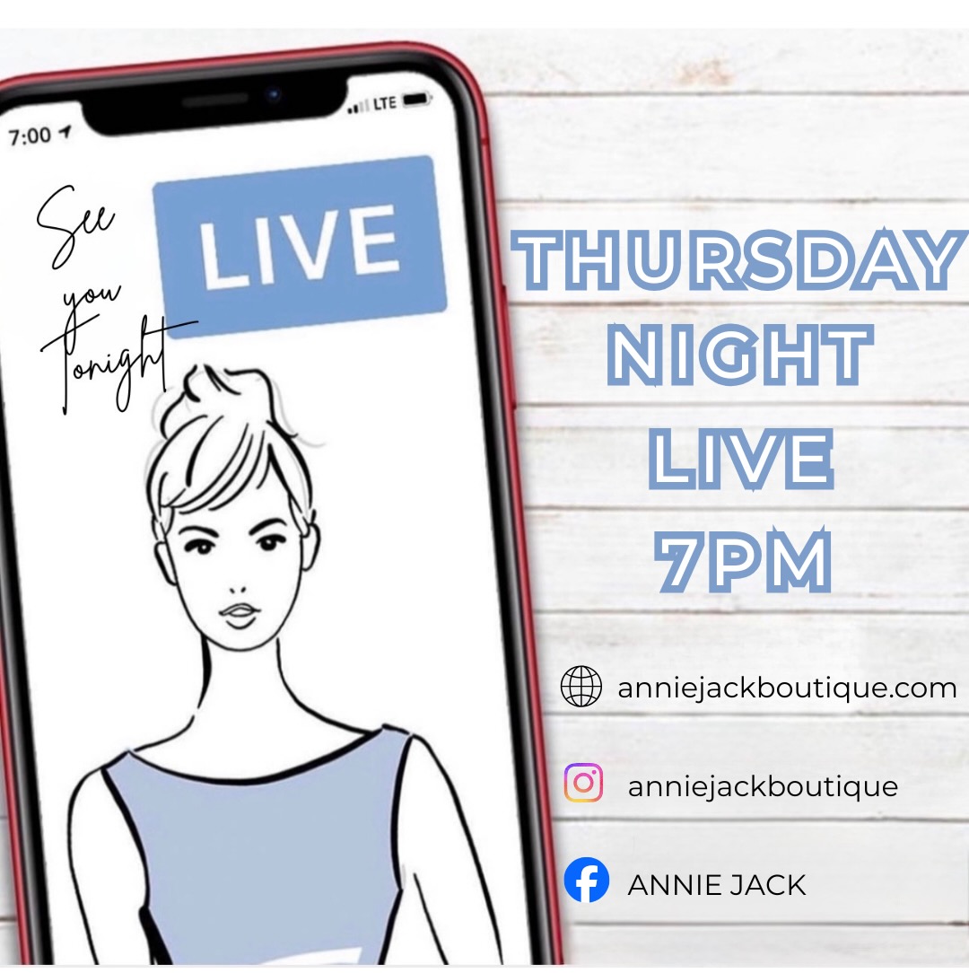 Smartphone screen displaying a live streaming announcement with a drawing of a woman, text about Thursday night live at 7 PM, and social media handles.