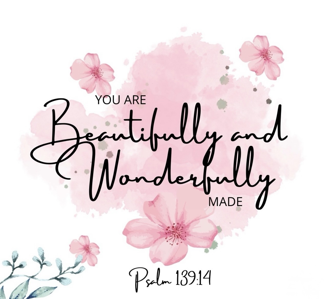 Inspirational quote with pink flowers and watercolor background, reading 