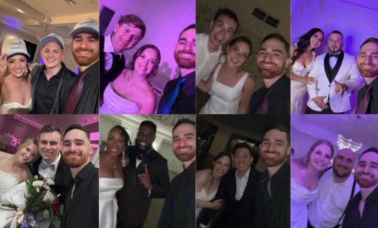 Group of people at a celebration, dressed formally, smiling, with purple lighting in the background.