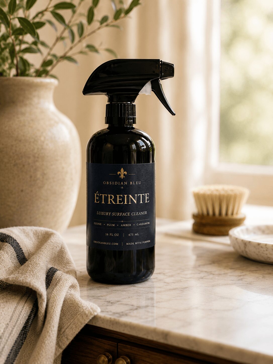 Black spray bottle labeled 'Étreinte' on a marble surface with a plant, bowl, and window in background.