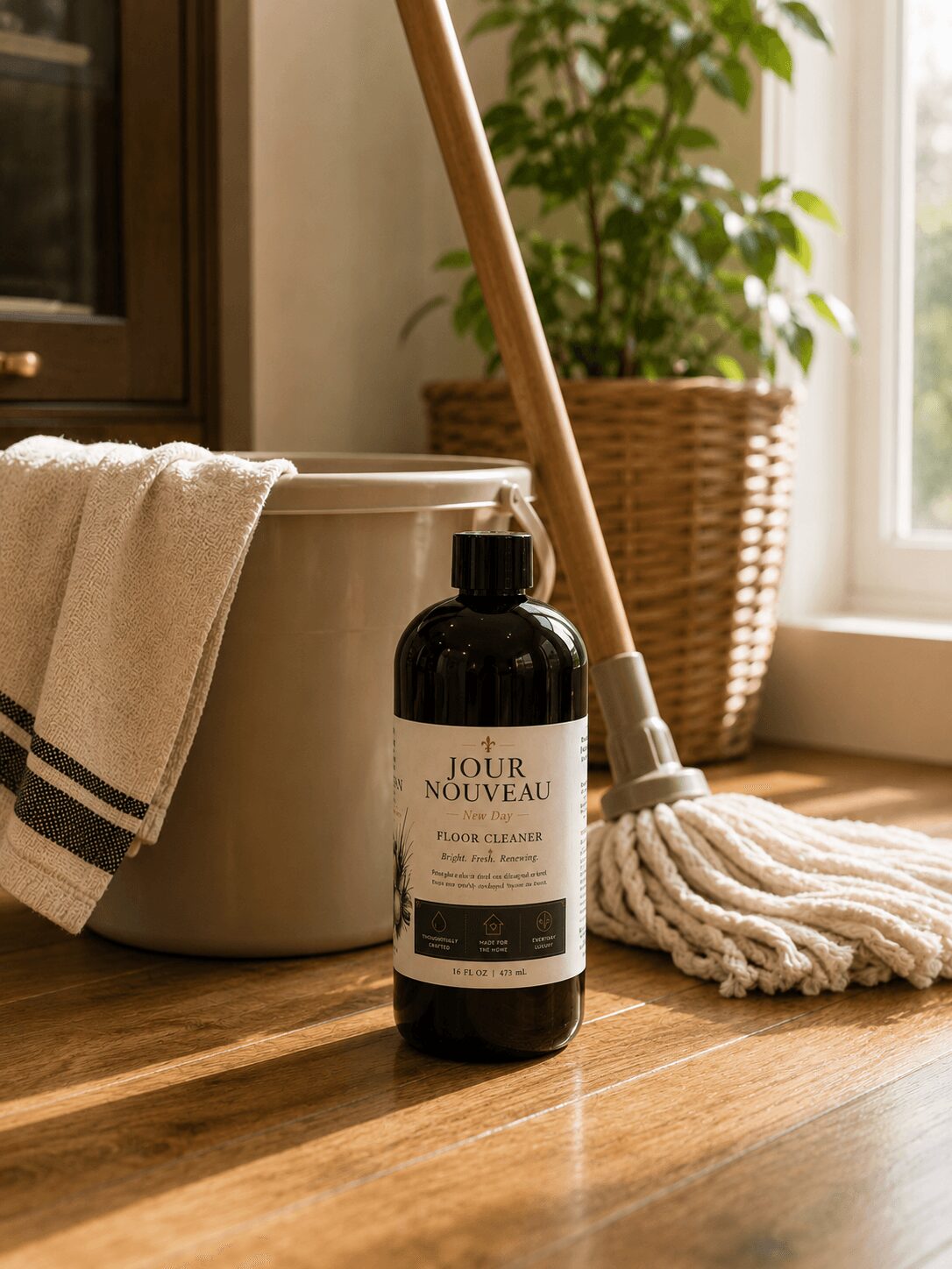 A black bottle labeled 'Jour Nouveau' on a wooden surface with cleaning supplies and a potted plant in the background.