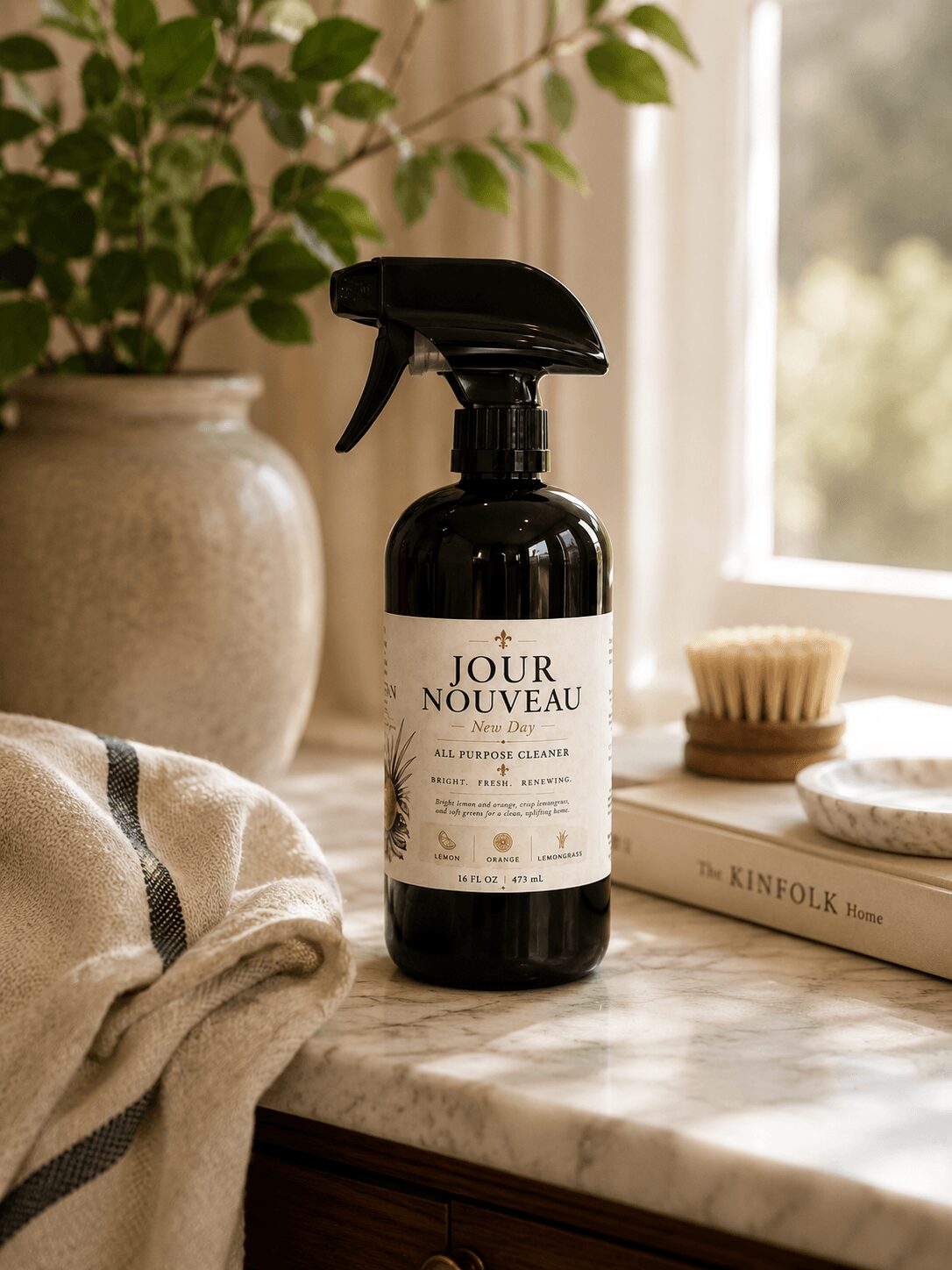 Black spray bottle labeled 'Jour Nouveau' on a marble surface with a plant, books, and a window in the background.