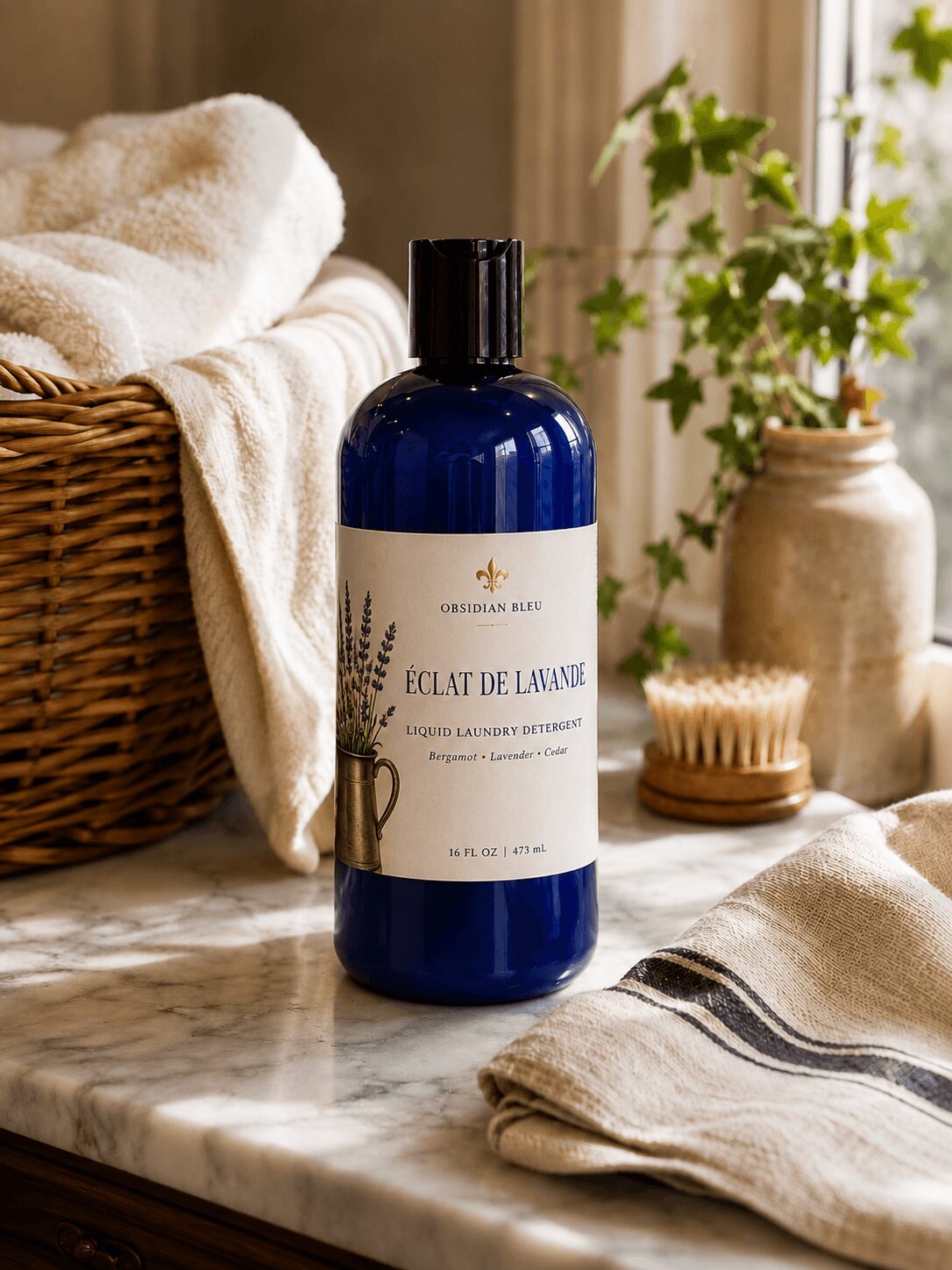 Blue bottle of laundry detergent on marble surface with basket, towel, and plant in background.