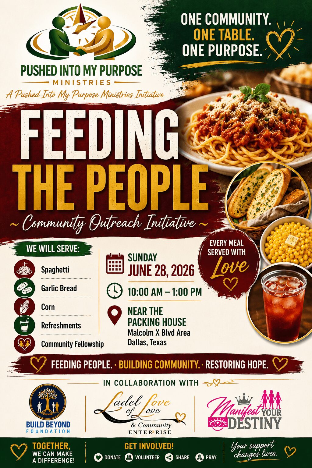 Poster with text about community outreach, feeding people, and food items like spaghetti, garlic bread, and a drink.