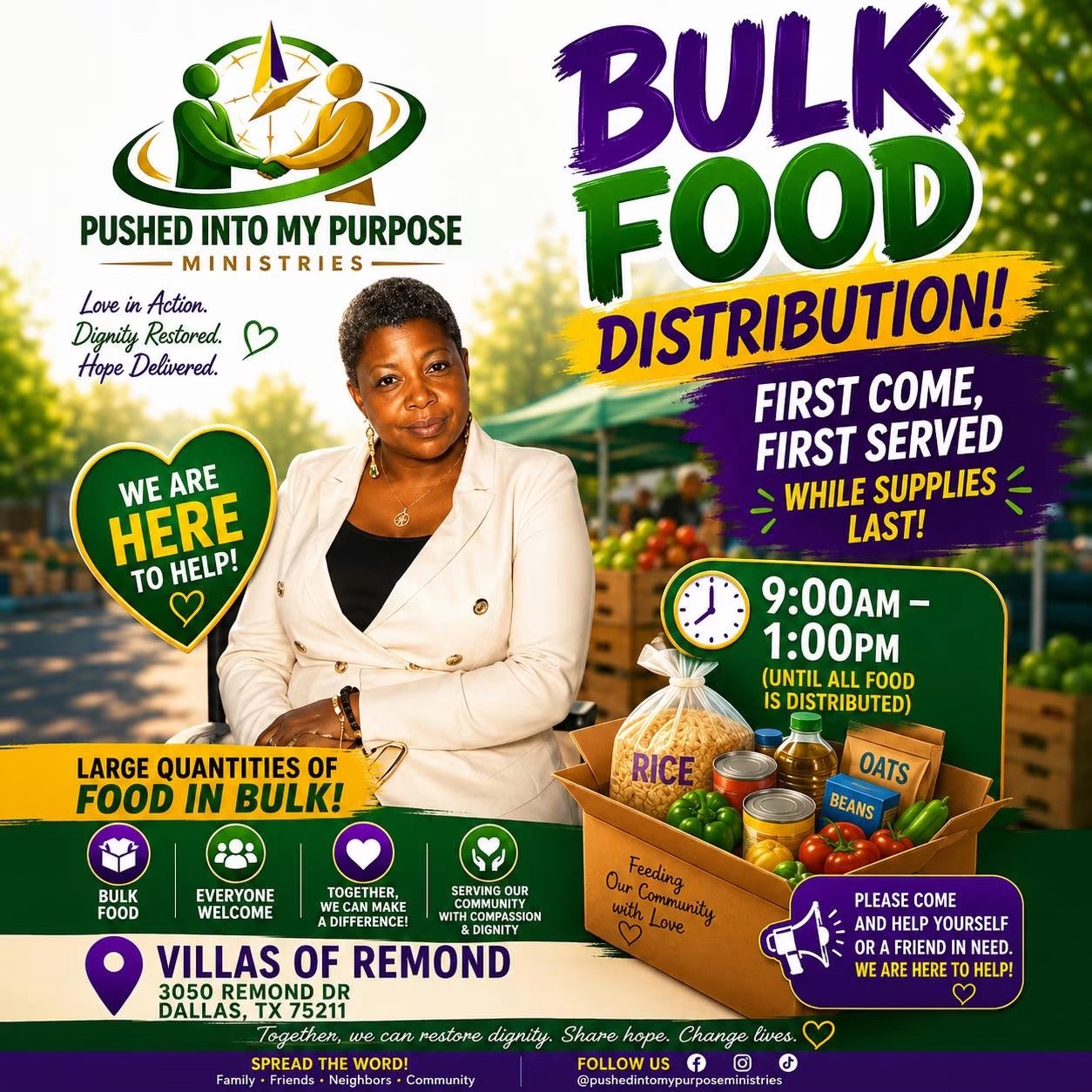 Woman in white jacket standing near a table with food supplies, promotional poster for bulk food distribution event, colorful text and graphics.