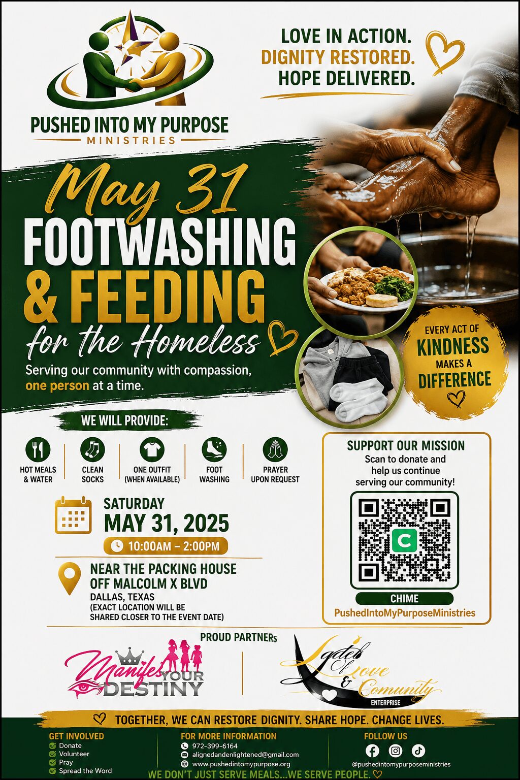 Flyer for May 31 footwashing and feeding event with images of hands washing feet, food, and a dog, promoting compassion and kindness.