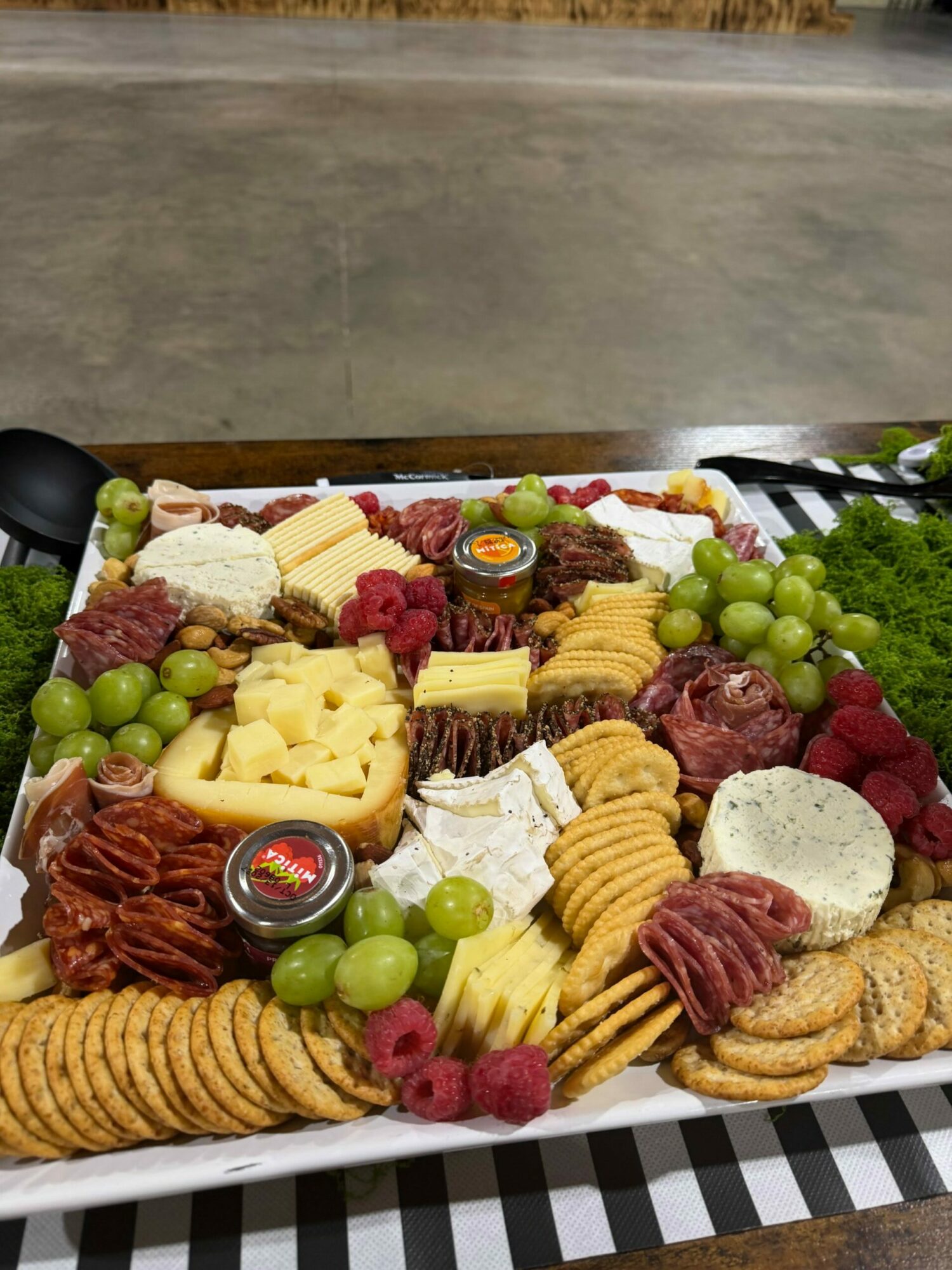 Assorted cheeses, grapes, crackers, and cured meats on a checkered tablecloth.