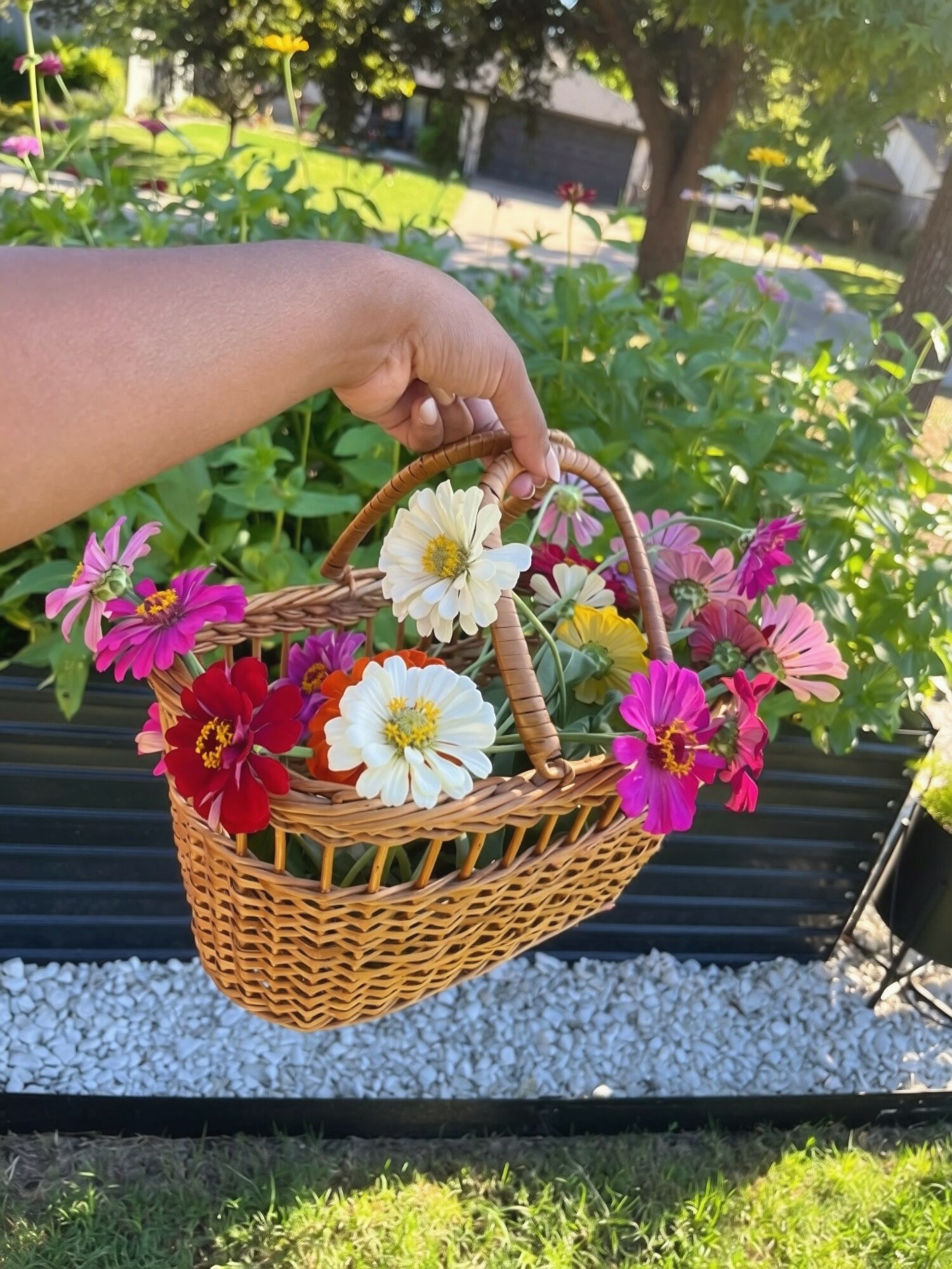 Hand holding a wicker basket filled with white, pink, and red flowers outdoors in a garden.
