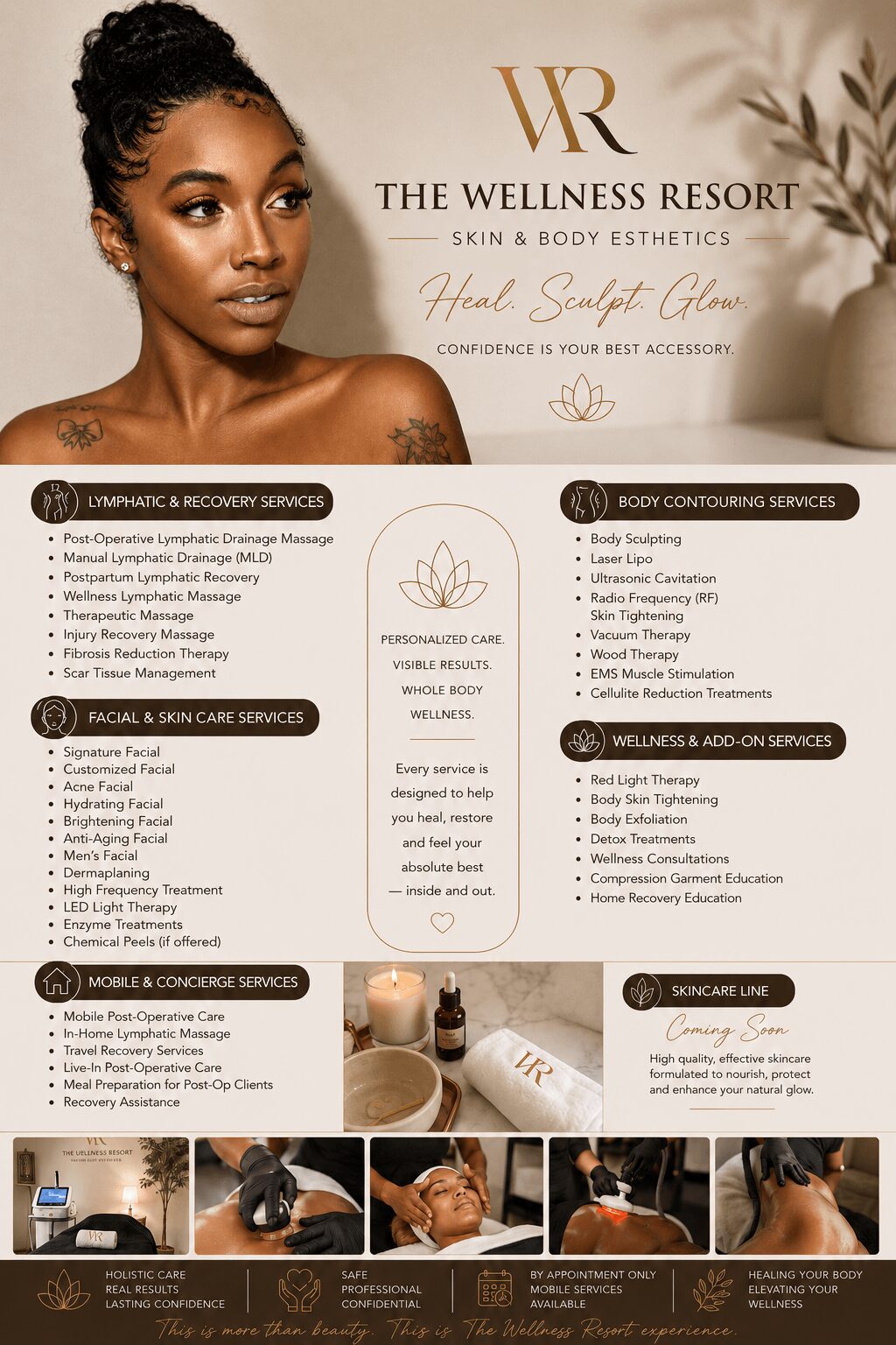 Advertisement for wellness resort with a woman, text about skin and body treatments, and images of spa services.