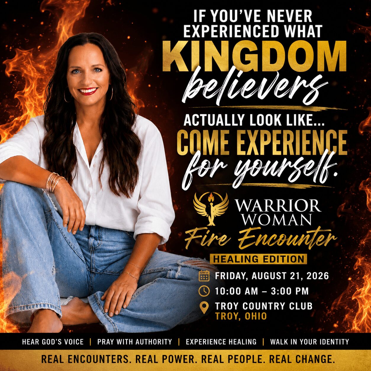 Woman sitting with crossed legs, smiling, with fiery background and event details for a warrior woman fire encounter.