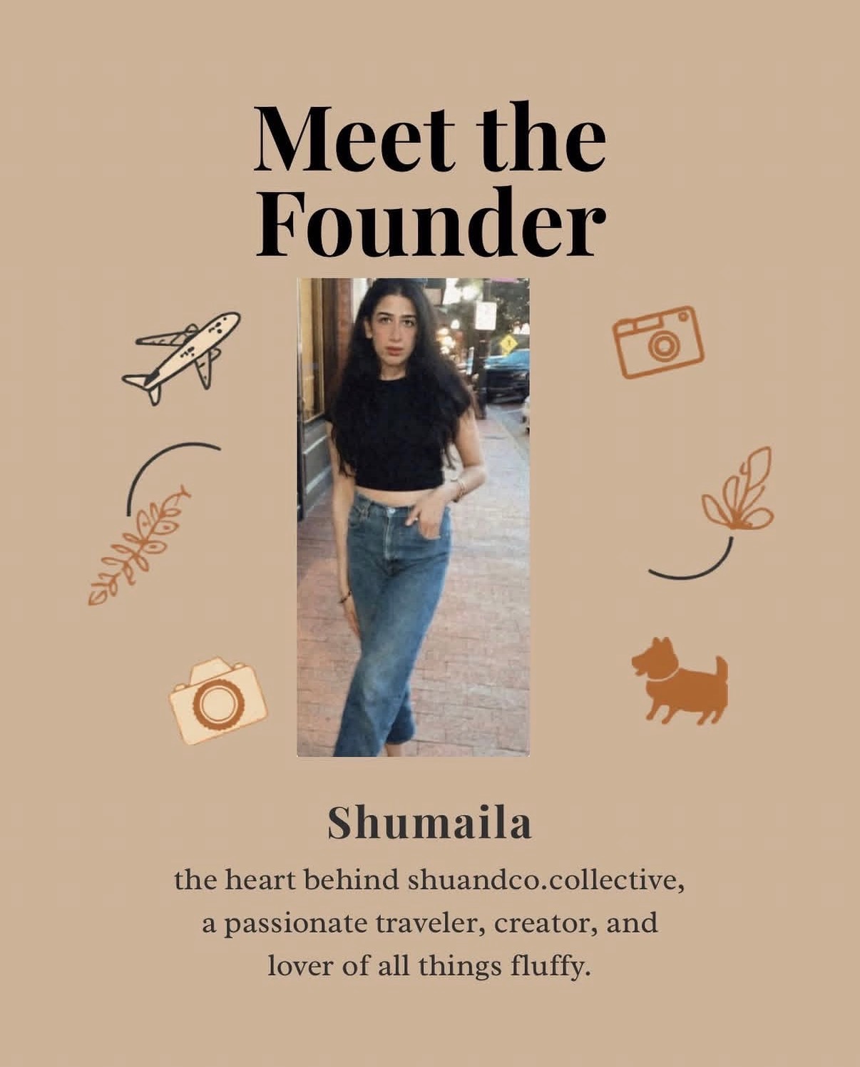 A woman standing outdoors, wearing a black top and jeans, with text about her being a traveler and creator.