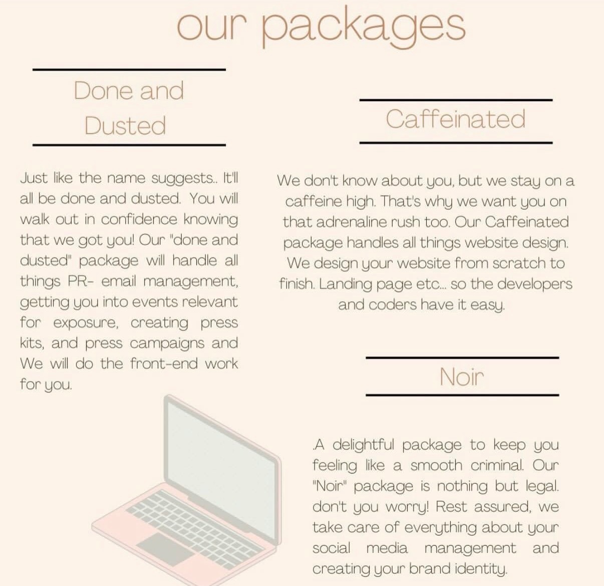 Text about packages, including 'Done and Dusted' and 'Caffeinated,' with a laptop illustration and descriptive content.
