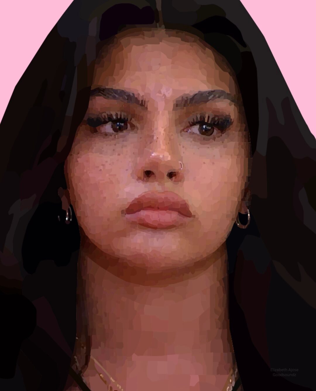 Portrait of a woman with dark hair, earrings, and a serious expression, against a pink background.