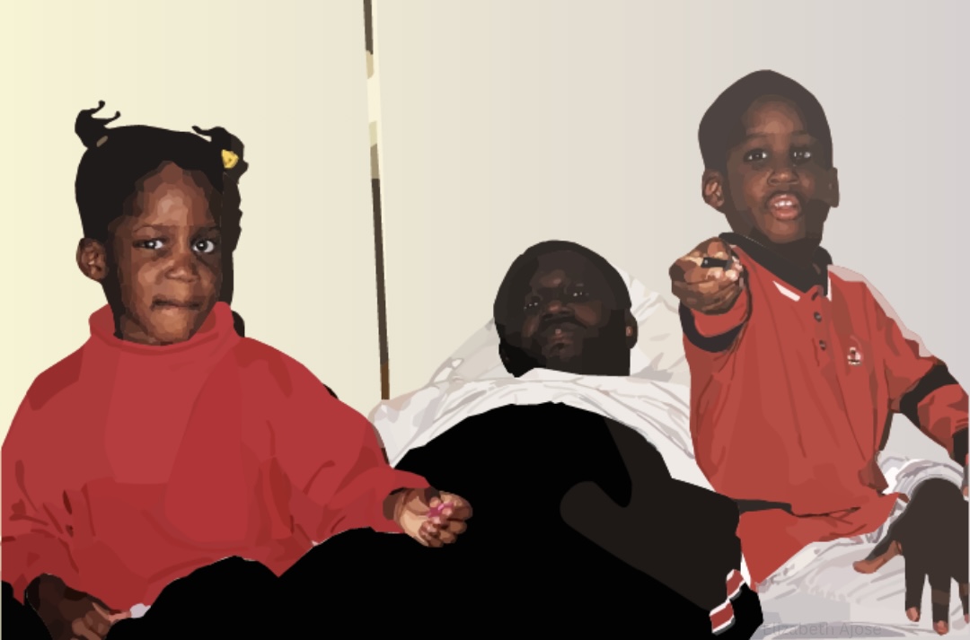 Three children lying on beds, two wearing red jackets and one in a white shirt, pointing and looking at the camera.