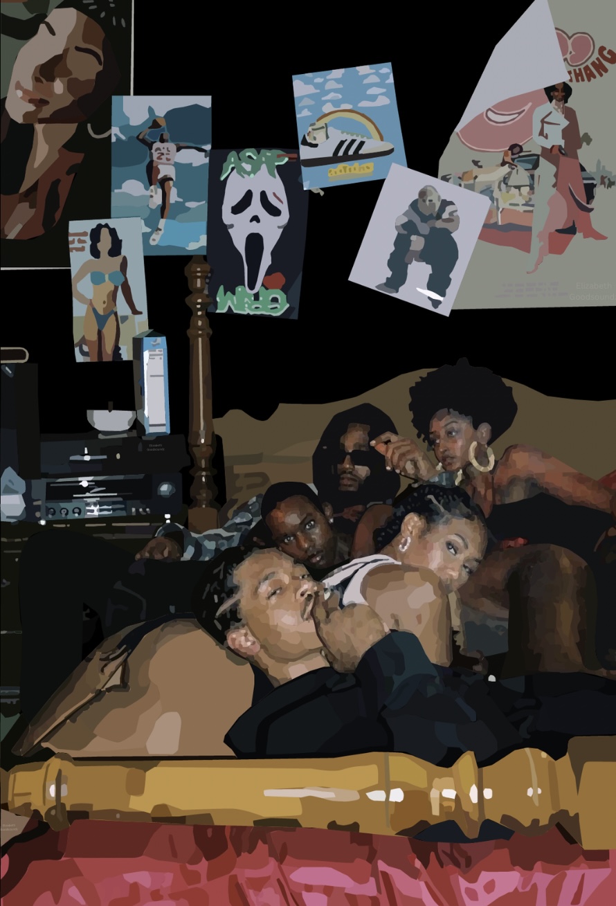 Group of people sitting and standing together in a dimly lit room with artwork on the wall behind them.