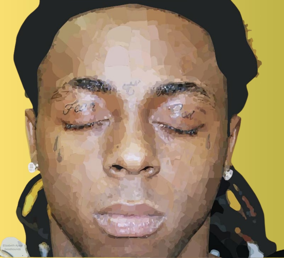 Close-up of a person with eyes closed, dark hair, earrings, and a yellow background.