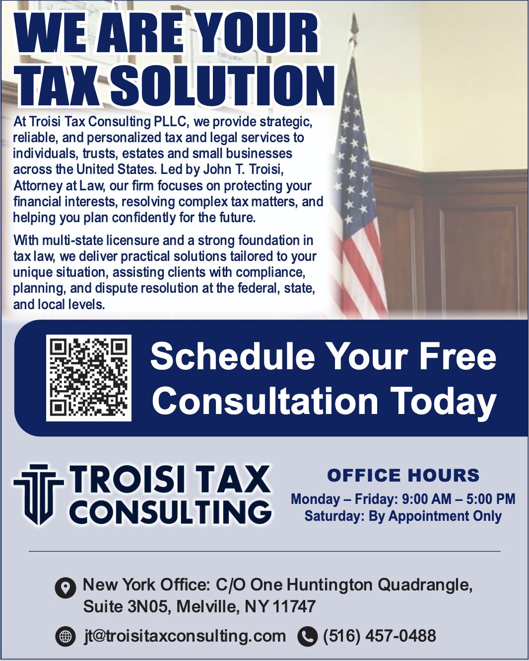 Tax consulting advertisement with company name, services, office hours, and a QR code, promoting free consultation. Word count: 36.