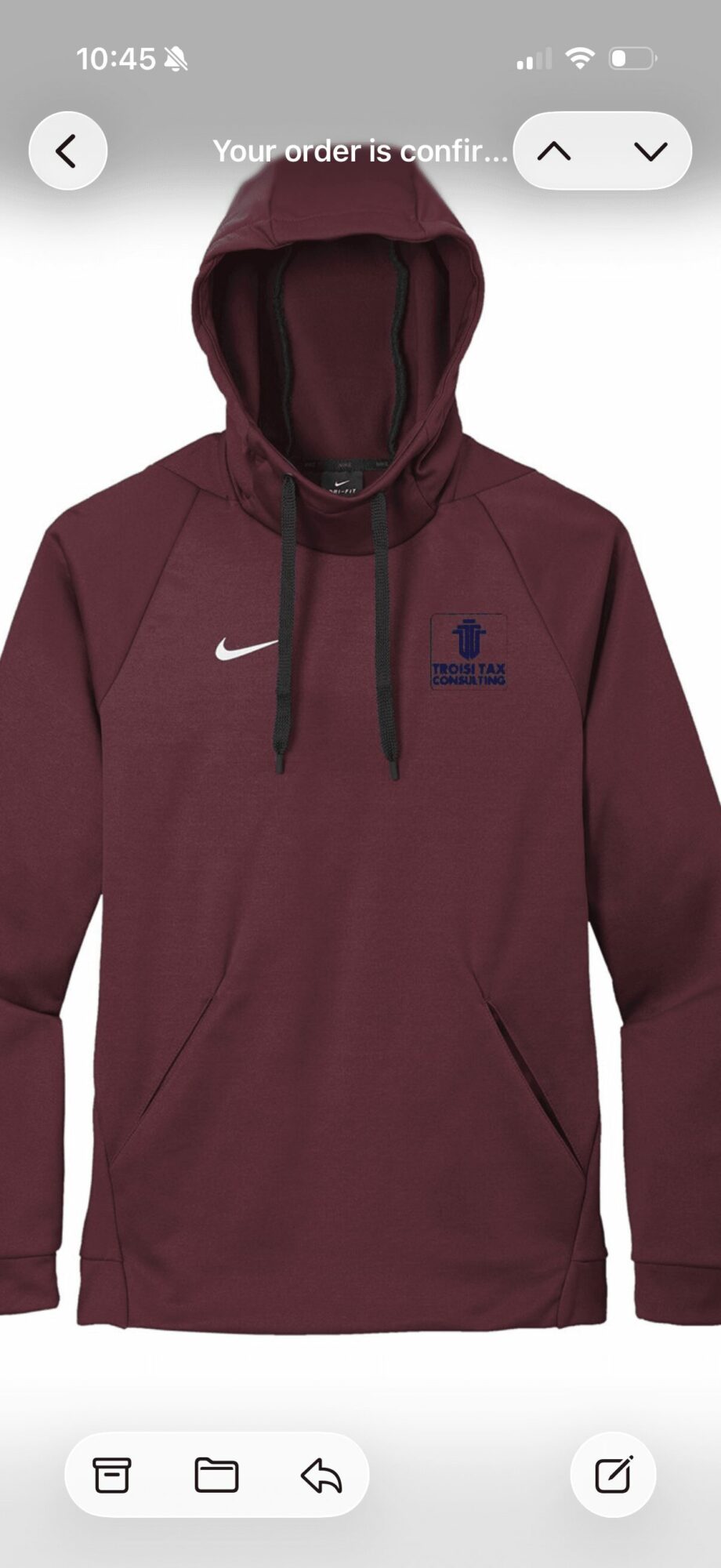 Maroon hoodie with a hood, Nike logo on the chest, and a small logo on the left side, front view.
