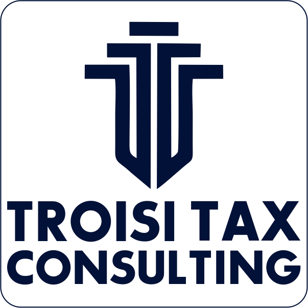 Logo with a stylized shield and the text 'TROISI TAXI CONSULTING' below, all in dark blue on black background.