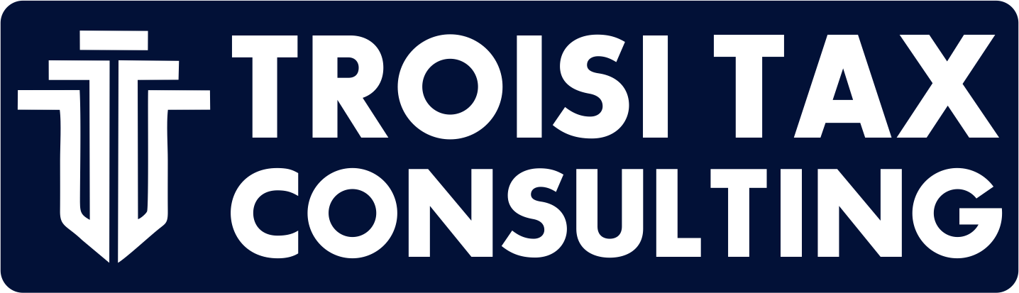 Logo with stylized T and T shape, text reads 'TROISI TAX CONSULTING' on dark background.