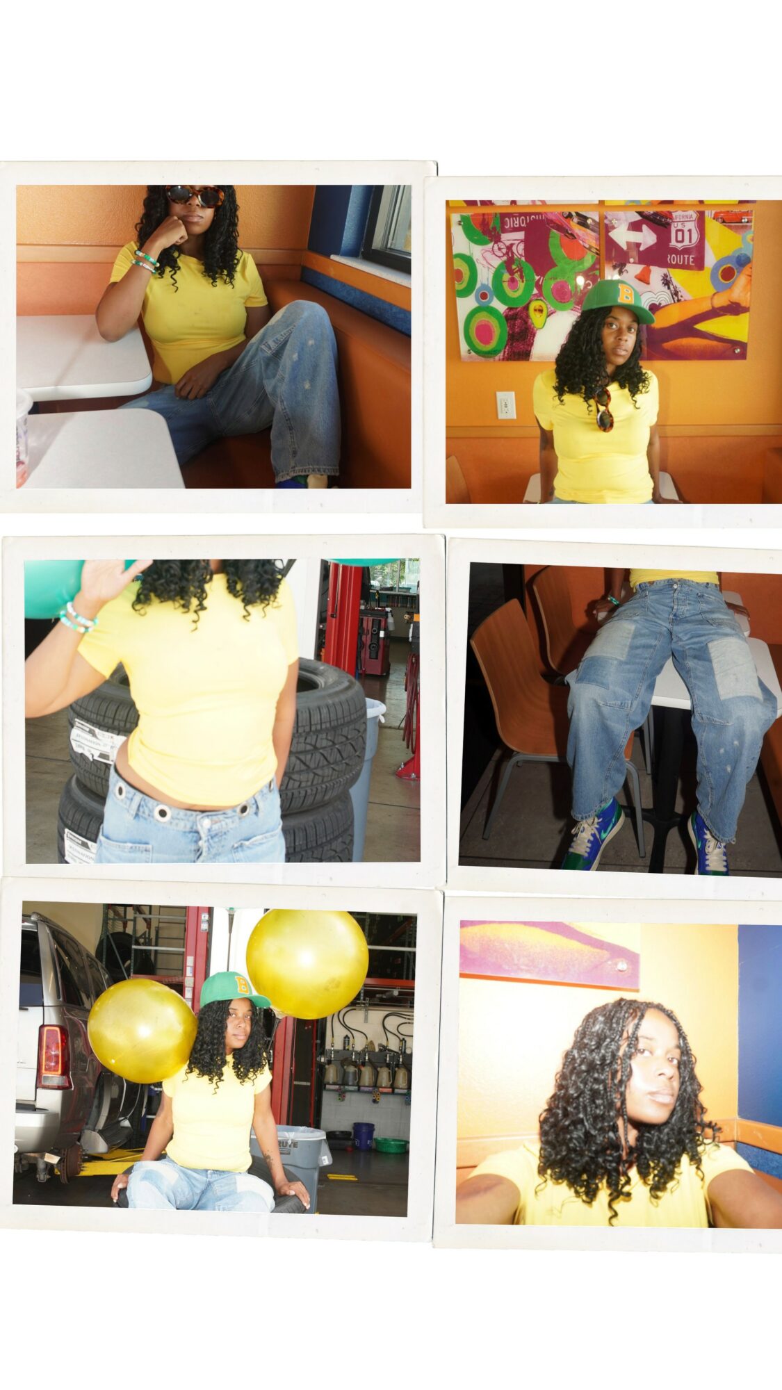 Six images of a woman with curly hair wearing a yellow top, in various indoor settings, some sitting and some standing.