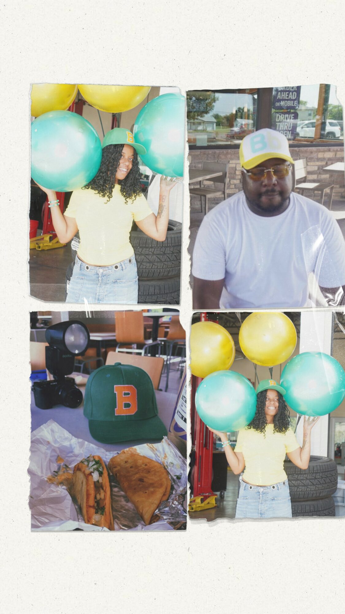 Four images: a person holding balloons, a man in a white shirt and cap, a bed with a hat and shoes, and the person with balloons again.
