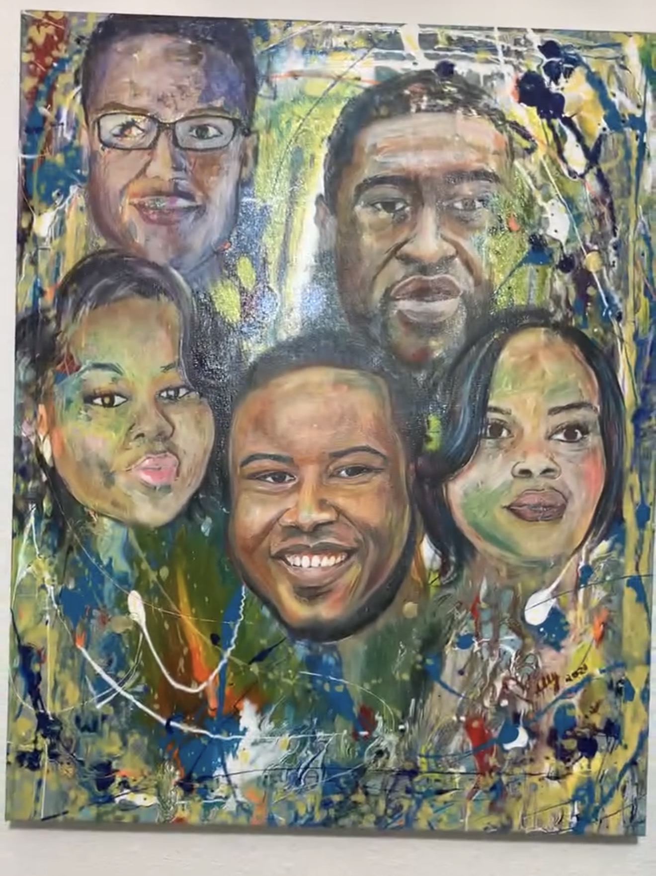 Five people with painted faces and smiling expressions, colorful abstract background, vibrant and expressive art style.