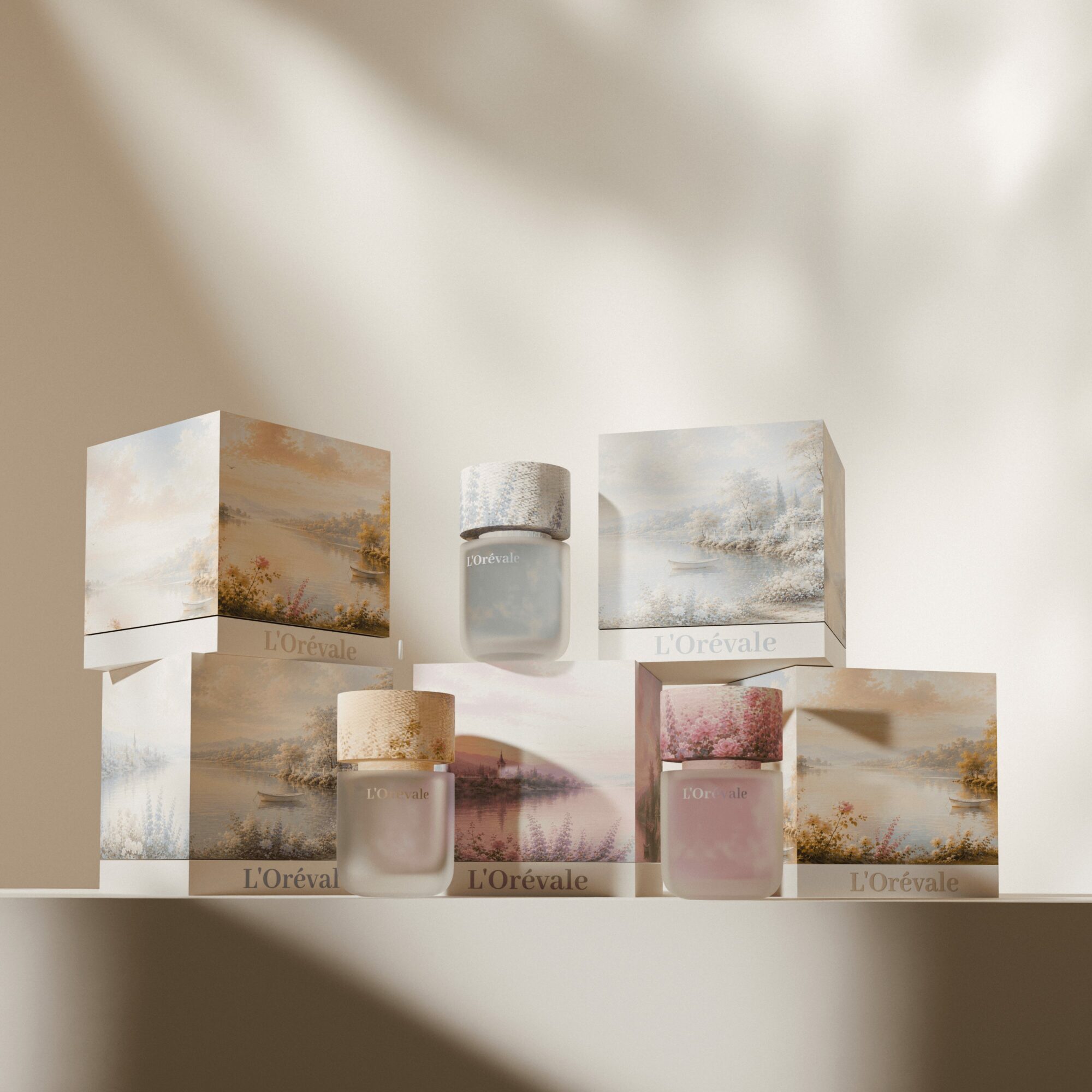 Six skincare product containers with pastel-colored labels arranged on a surface, with a blurred background.
