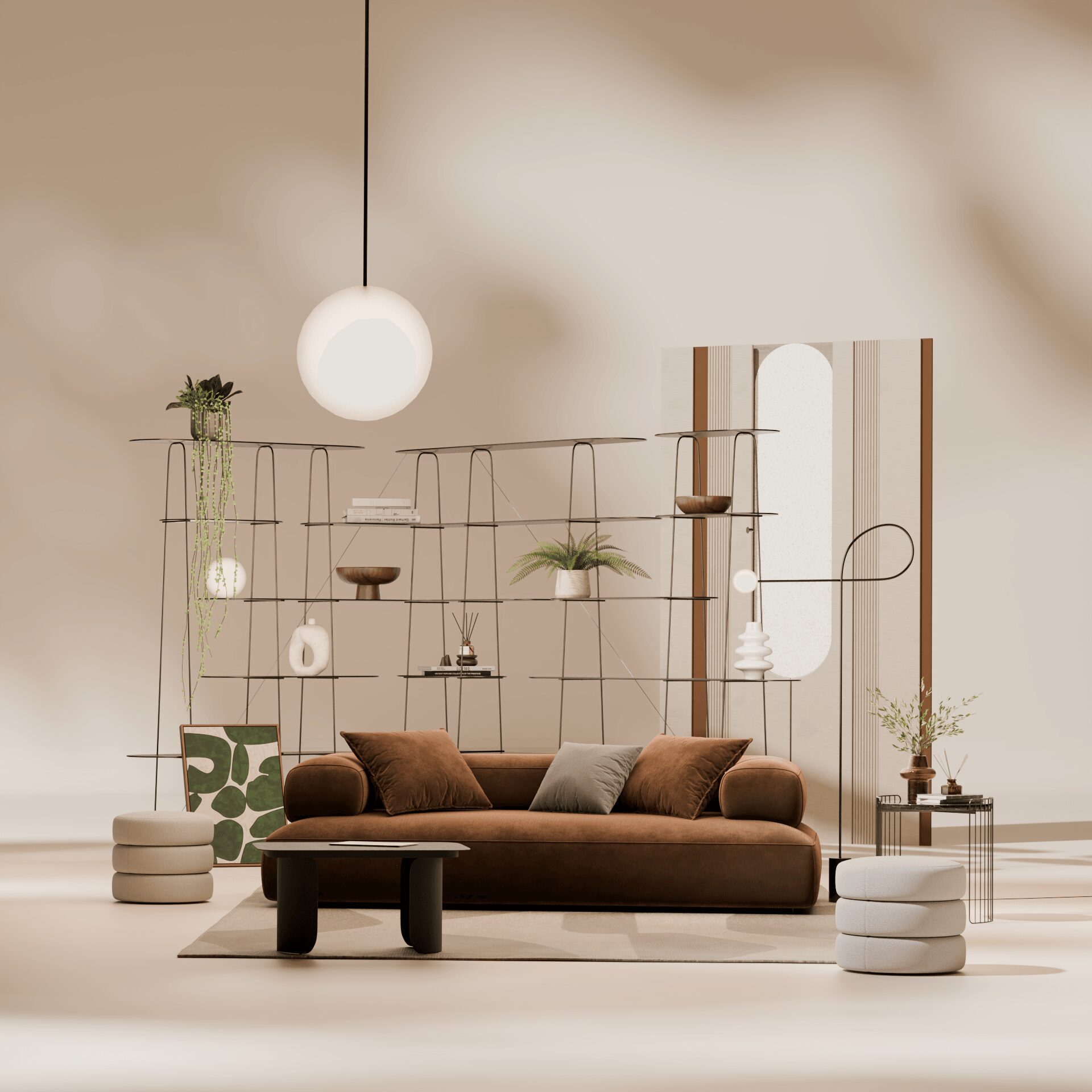 Living room with a brown sofa, hanging lights, and decorative plants, minimalist design, neutral colors.