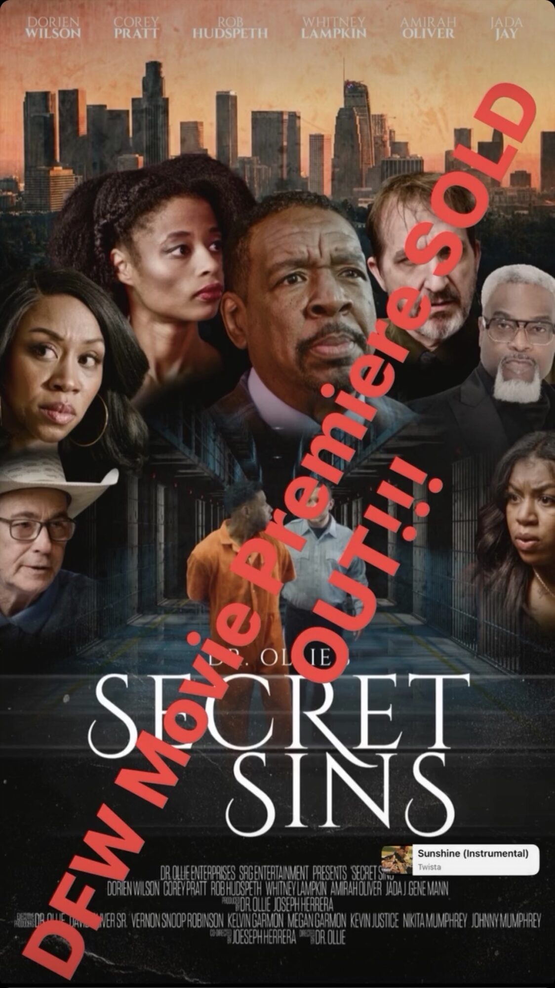 Poster for 'Secret Sins' featuring a group of diverse people with a city skyline background.