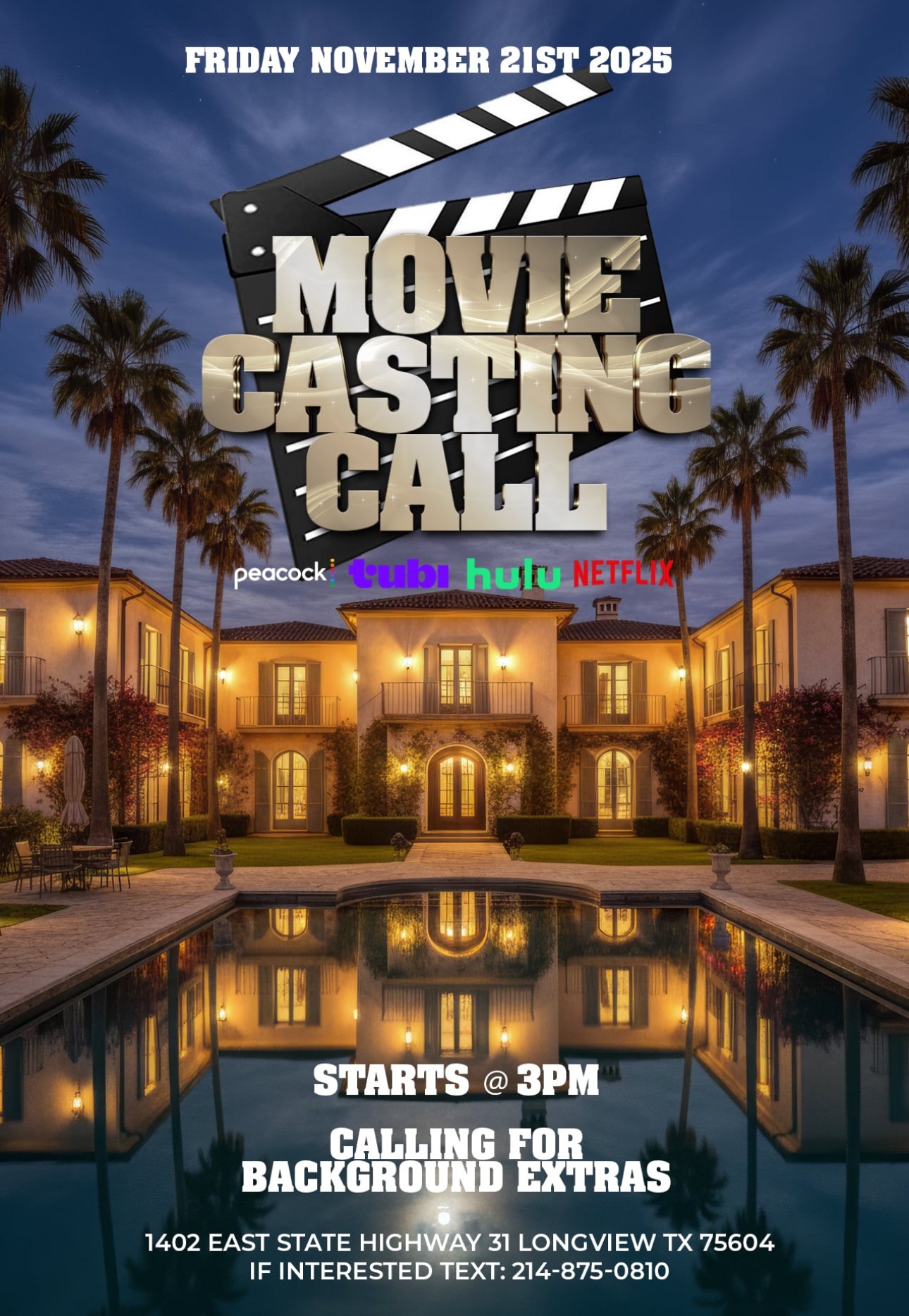 Poster for a movie casting call event with palm trees, a building, and a pool at sunset, scheduled for November 21, 2025.