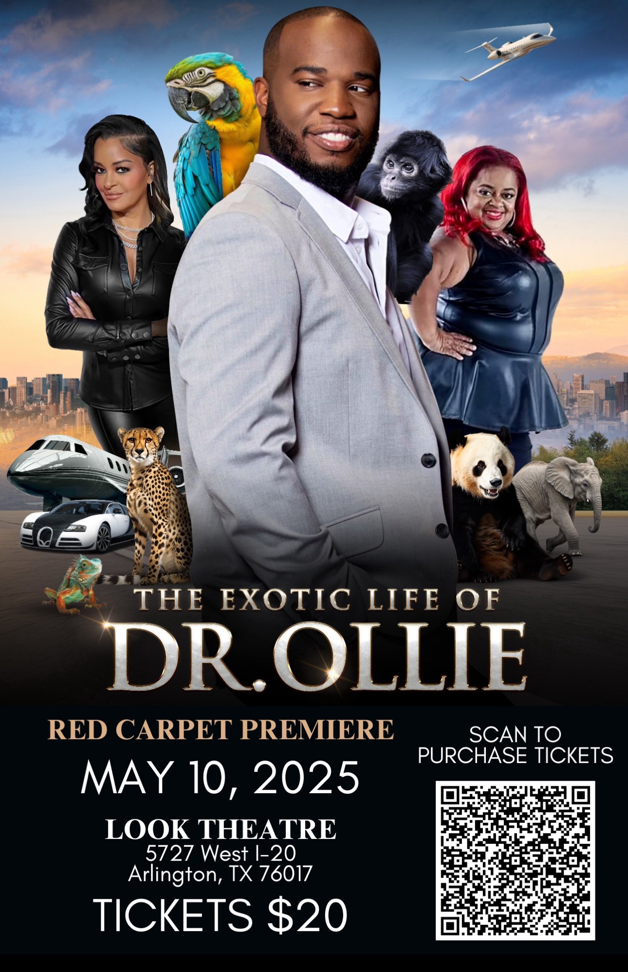 Promotional poster for a movie premiere featuring a man in a suit, two women, animals, and a city skyline background.