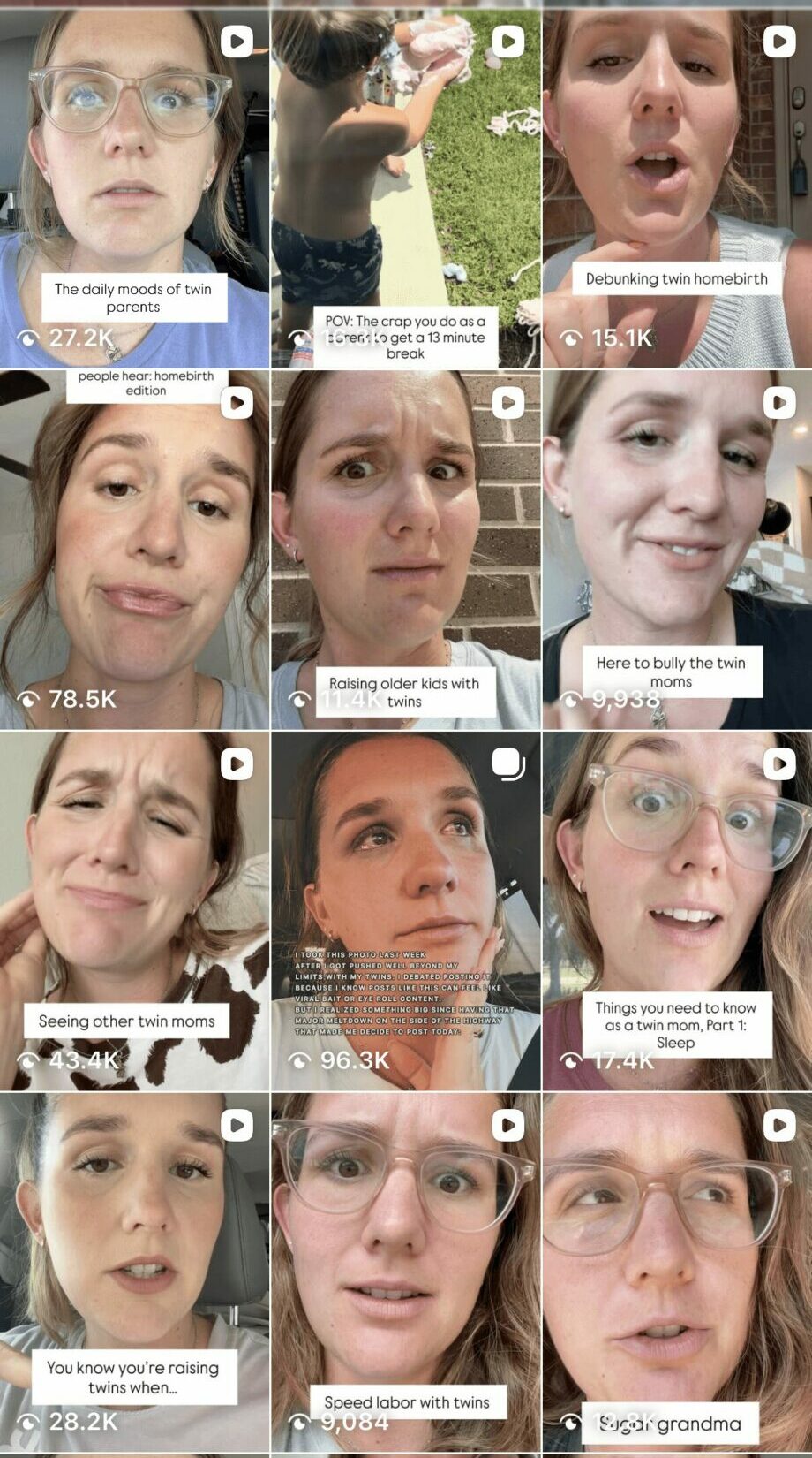 Multiple close-up images of a woman with various facial expressions, some with glasses, in different outdoor and indoor settings.