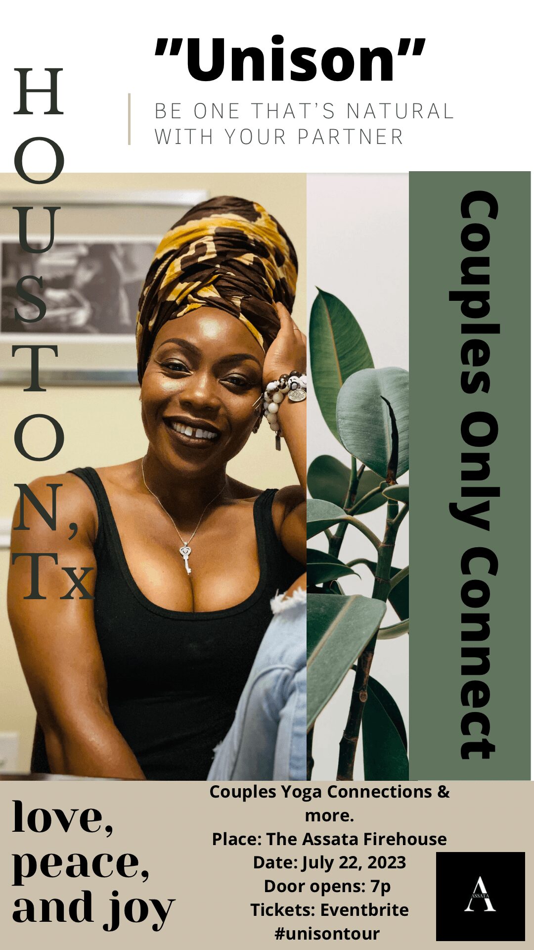 Smiling woman with headwrap, text about couples connecting, love, peace, joy, and event details, plant leaves in background.