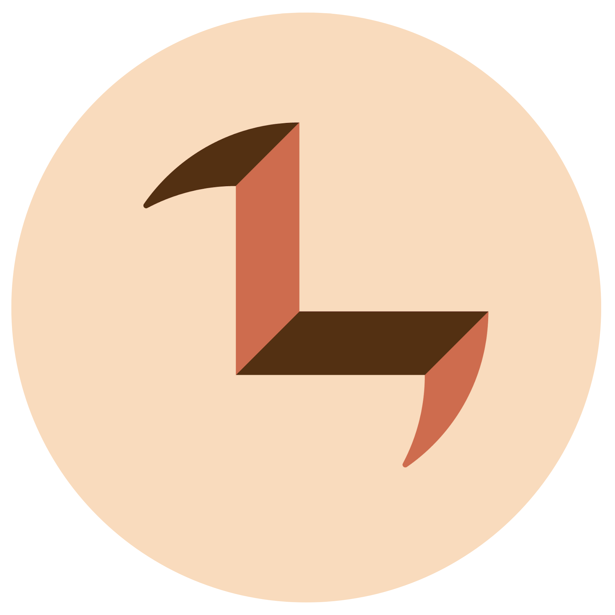A stylized geometric shape resembling a three-dimensional L, with brown and pinkish colors, on a beige circular background.