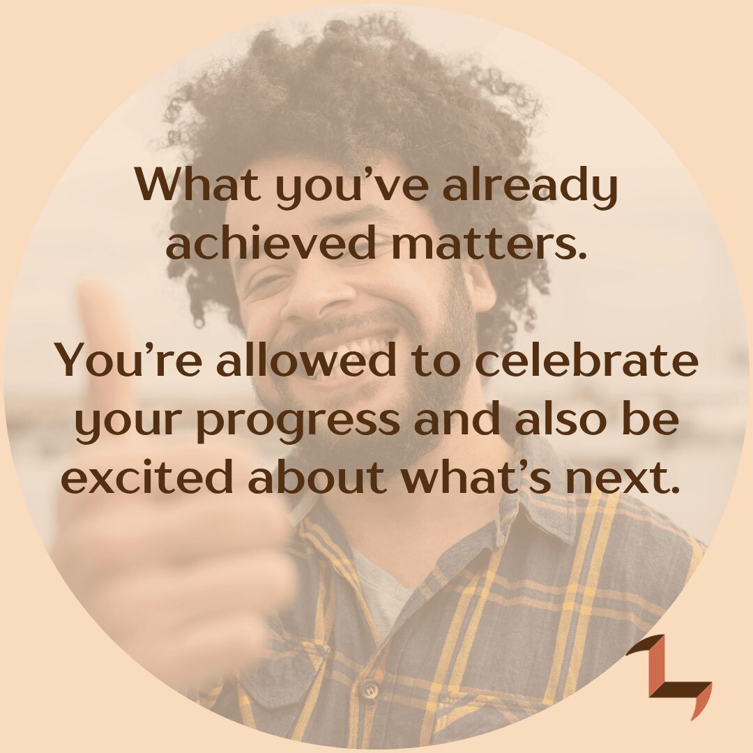 Person giving a thumbs-up with overlaid motivational text, blurred background, circular crop, beige background.