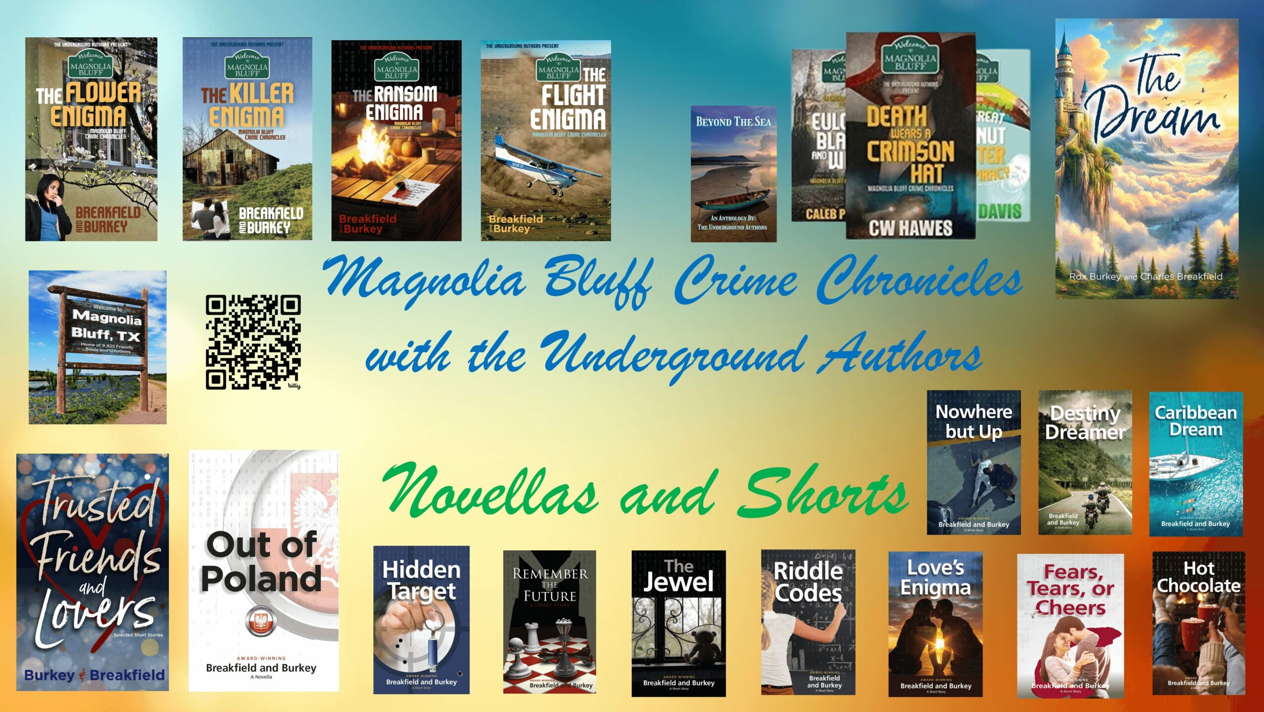 Book covers and a banner with text about crime chronicles, underground authors, novellas, and short stories, with a QR code.