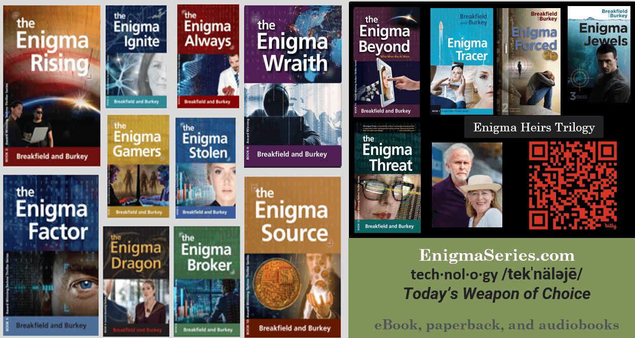 Book covers from the Enigma series, including titles like Rising, Wraith, and Source, with a green promotional banner at the bottom.