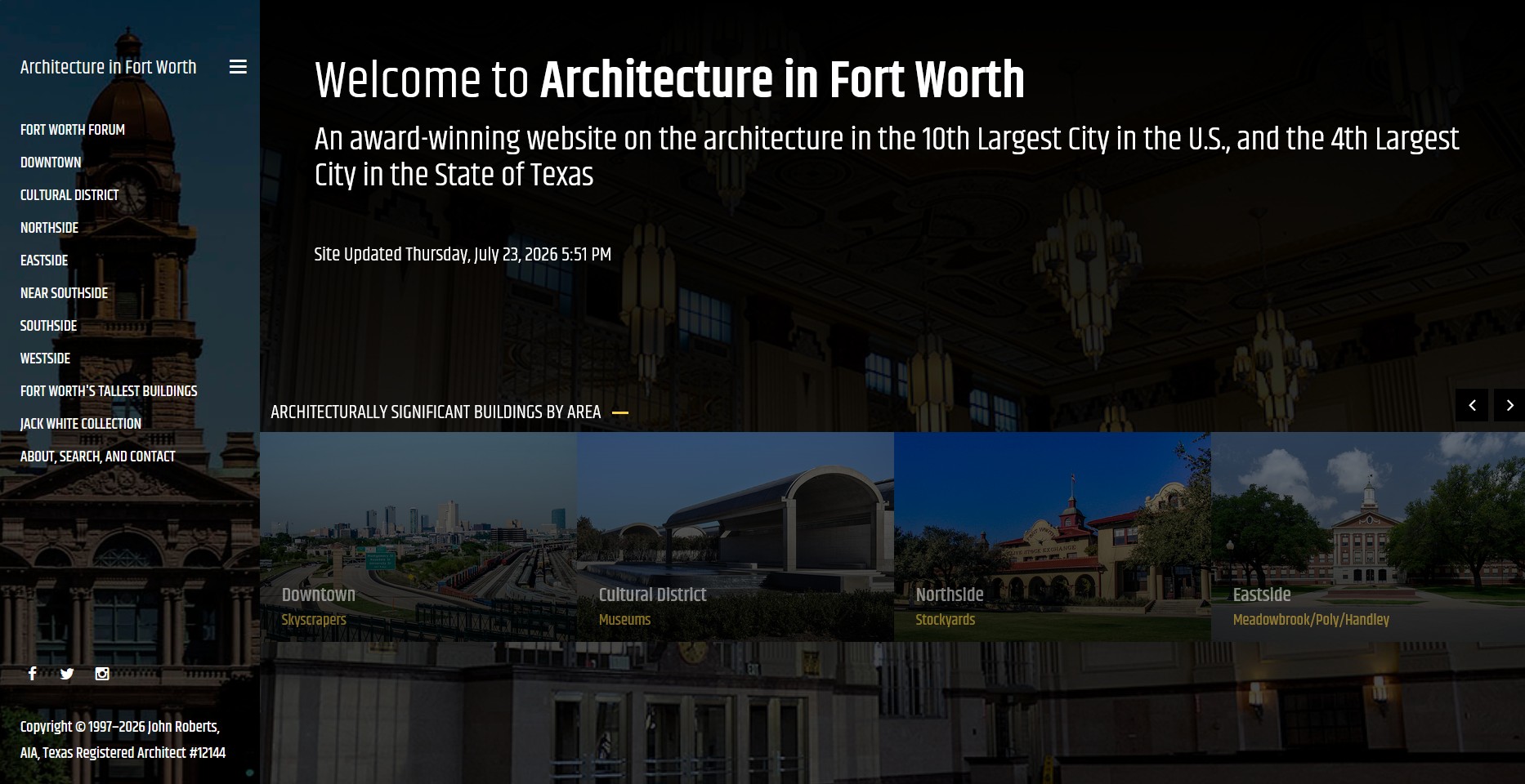 Website homepage with text about architecture in Fort Worth, Texas, and images of buildings and cityscape.