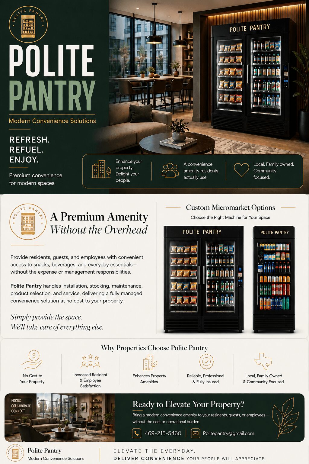 Advertisement for Polite Pantry featuring a vending machine, a modern interior, and text about amenities and services.