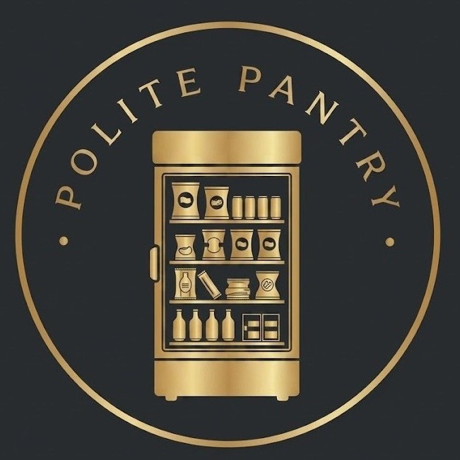 Gold refrigerator with beverages and snacks, surrounded by a circular border with the text 'POLITE PANTRY'.