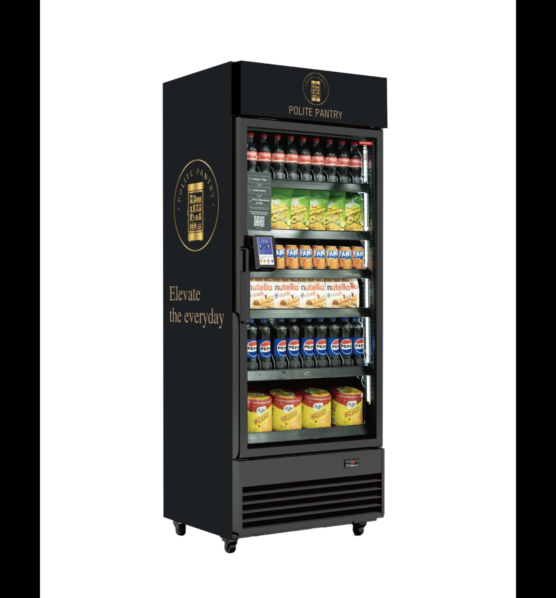 Black vending machine with snacks and drinks, labeled 'POLITE PANTRY,' against a black background.