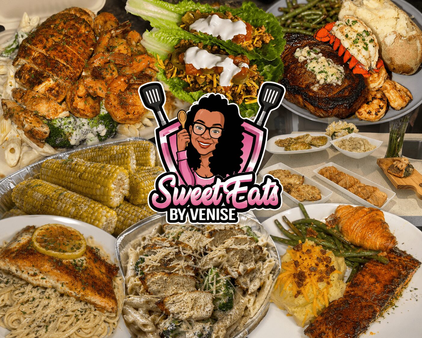 Assorted dishes including grilled meat, corn on the cob, salads, and baked items, with a logo in the center reading 'Sweet Eats by Venise'.