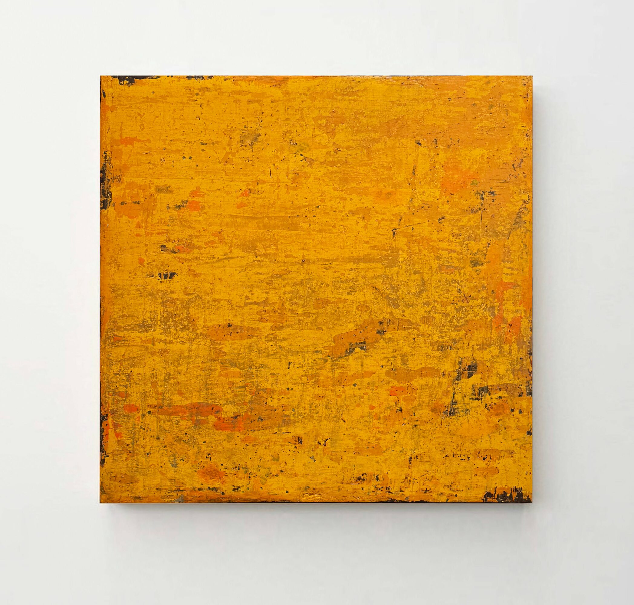 Yellow textured square painting on white wall, abstract art, vibrant color, simple background, minimalistic style.